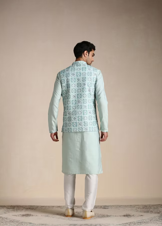 Tropical Blue Kurta Jacket Set - Image 3